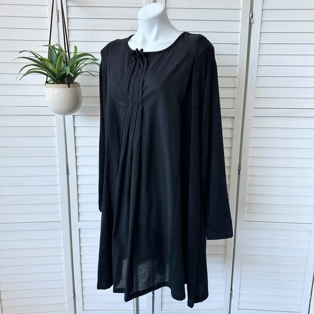 Gershon Bram Black Tunic Dress Long‎ Sleeve Pleated Detail Lagenlook Size Large